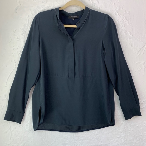 Lafayette 148 Long Sleeve Half Button Beaded Collar Silk Popover Blouse Sz M - Picture 1 of 16